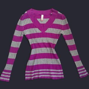 Y2K Purple and Grey Striped V-Neck Sweater Top ~ Size Large
